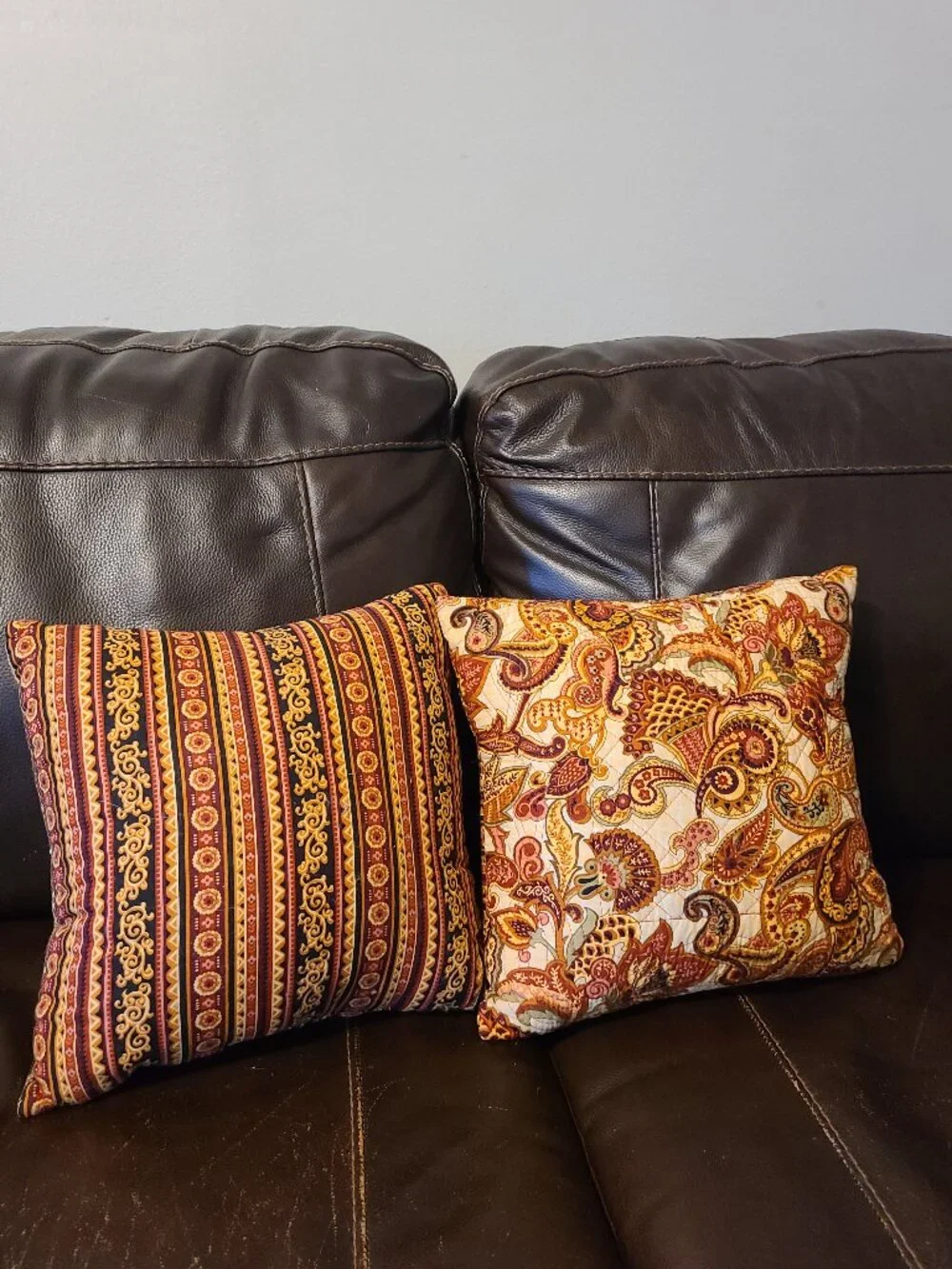 2 VTG Paisley Fan Throw Pillows Quilted Fabric Browns Red Beige Gold 14